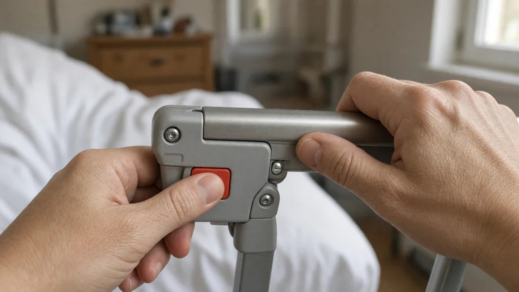 Mains déverrouillant le bouton d'une barrière de lit médicalisé