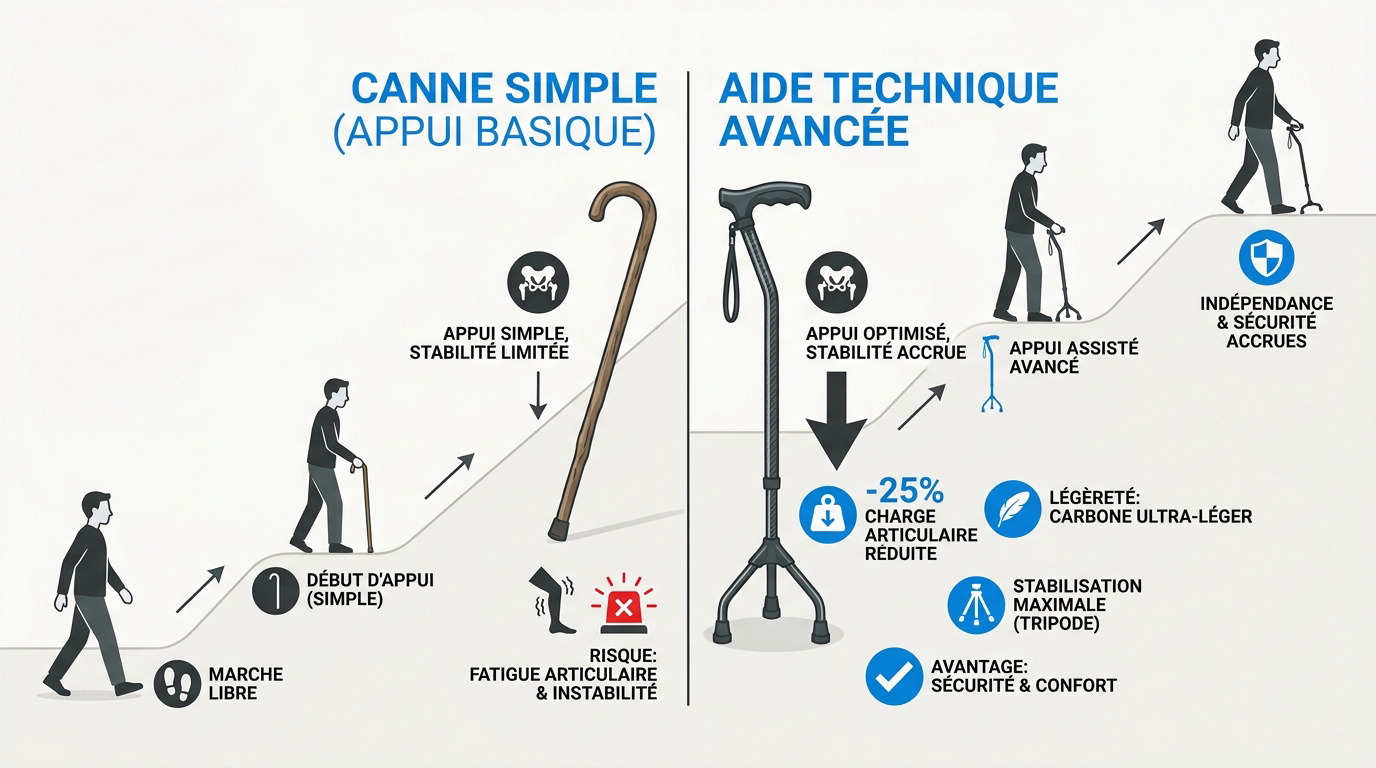 Comparaison entre une canne de marche simple en aluminium et une canne tripode à base stabilisatrice