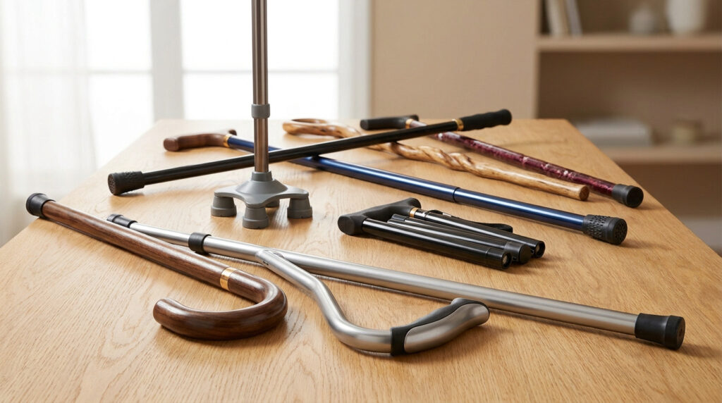 Une variété de cannes de marche posées sur une table en bois, incluant des modèles pliables, en bois et à base large.