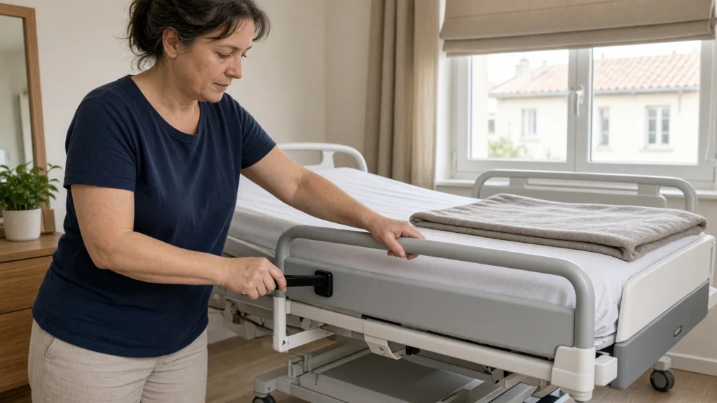Aidante abaissant la barrière d'un lit médicalisé à domicile