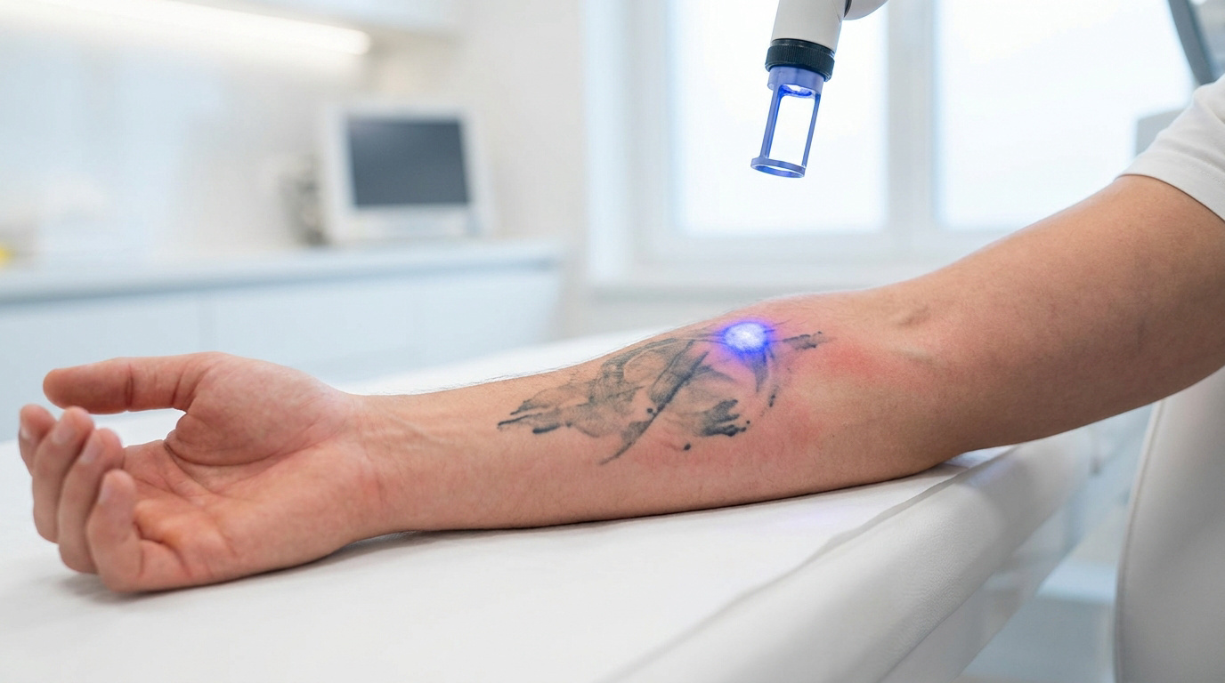 Séance de détatouage au laser sur l'avant-bras d'un patient dans un cabinet médical spécialisé.