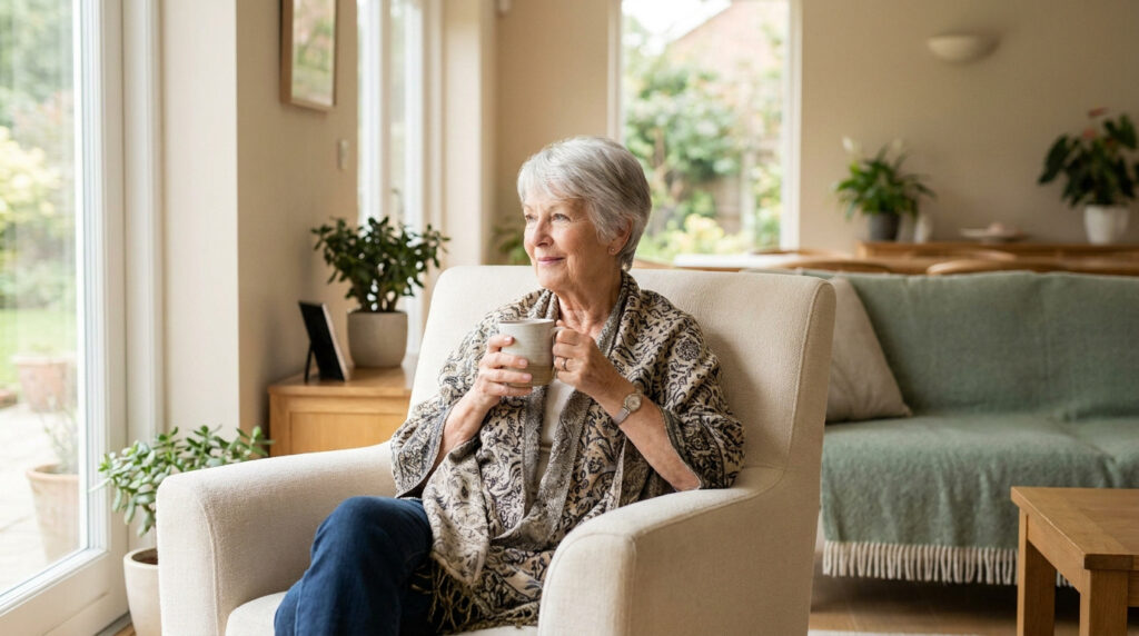 Une femme âgée aux cheveux gris assise confortablement dans un fauteuil, tenant une tasse près d'une fenêtre.