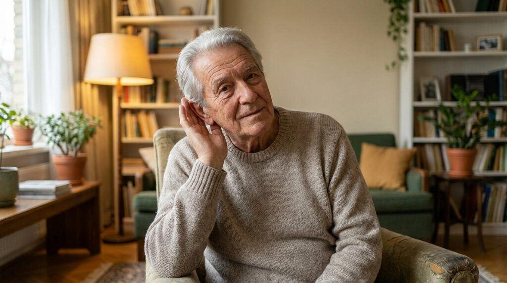 Un homme âgé aux cheveux gris portant un pull beige, mettant la main à l'oreille pour mieux entendre dans son salon.