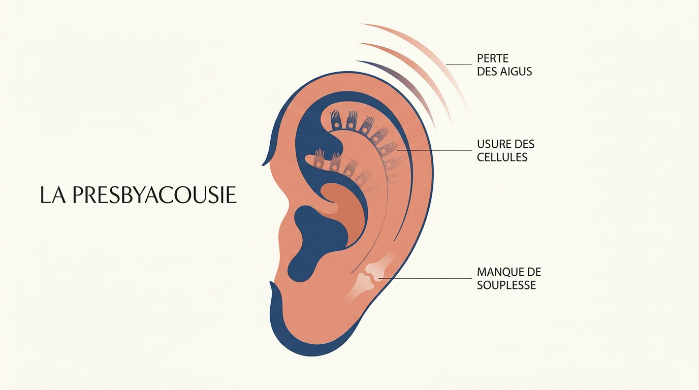 Illustration des mécanismes de la presbyacousie et de la perte auditive liée à l'âge