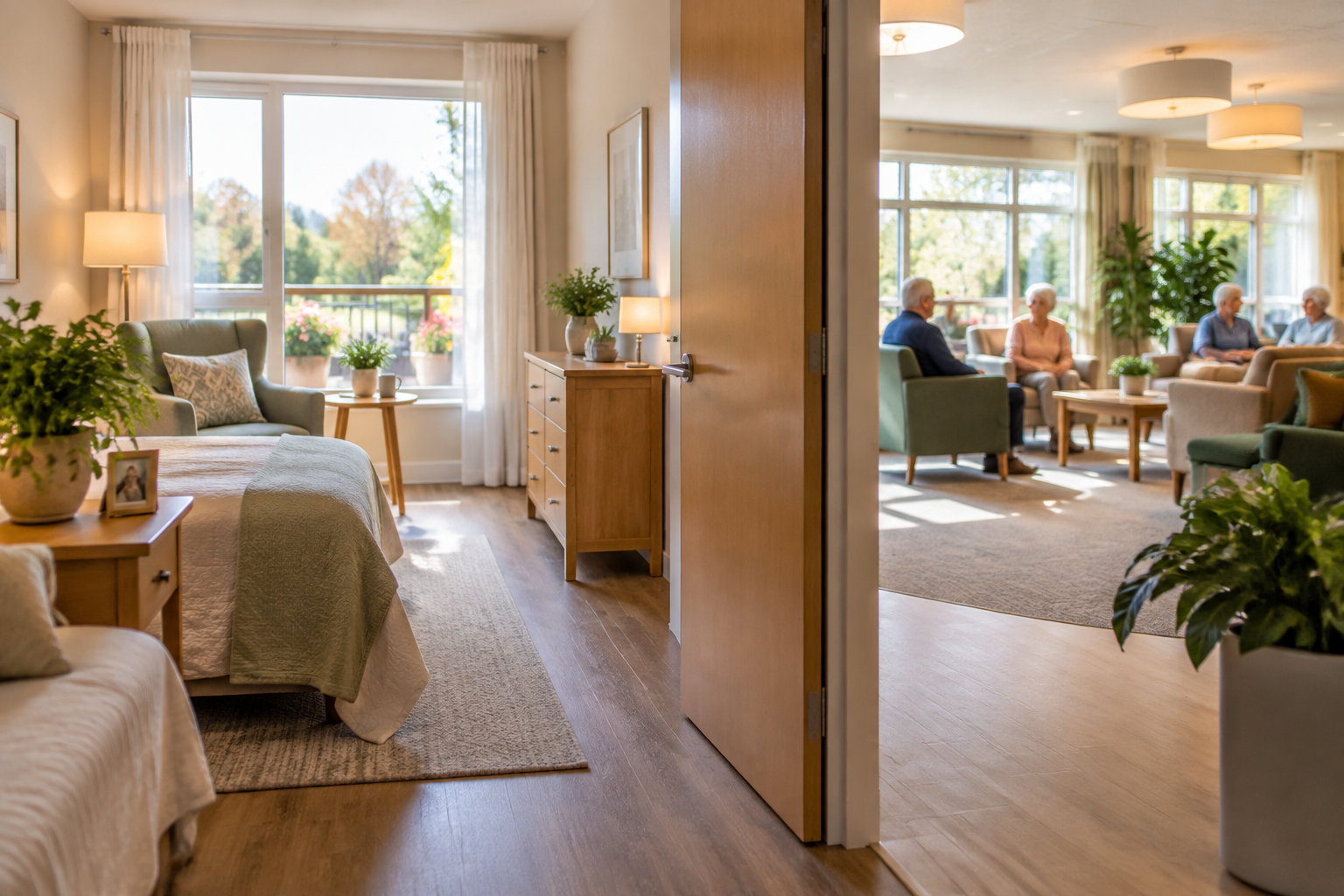 Une chambre lumineuse avec deux lits, ouverte sur un salon où des personnes âgées sont assises et discutent.