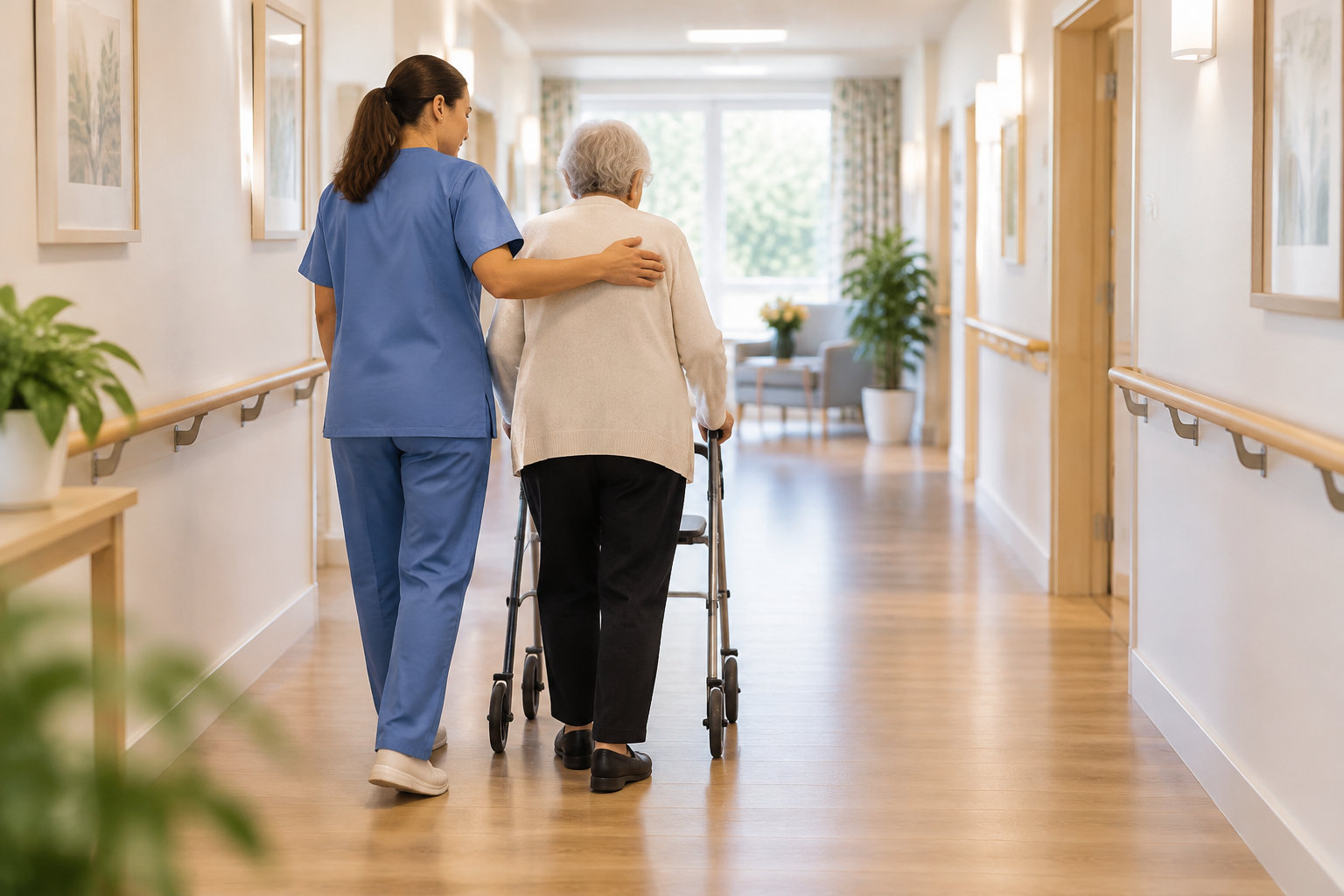 Une soignante en tenue bleue accompagne une personne âgée qui marche avec un déambulateur dans un couloir lumineux.