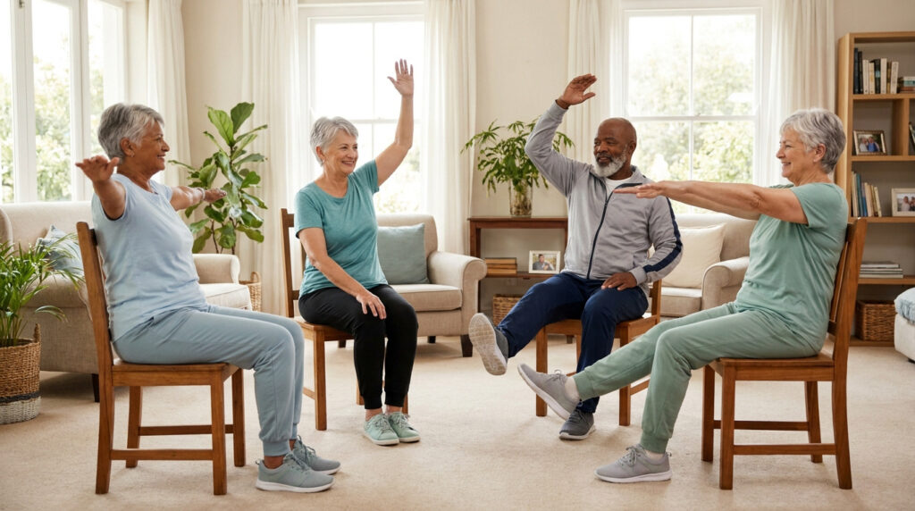 Quatre personnes âgées pratiquant des exercices de gymnastique douce assis sur des chaises dans un salon lumineux.
