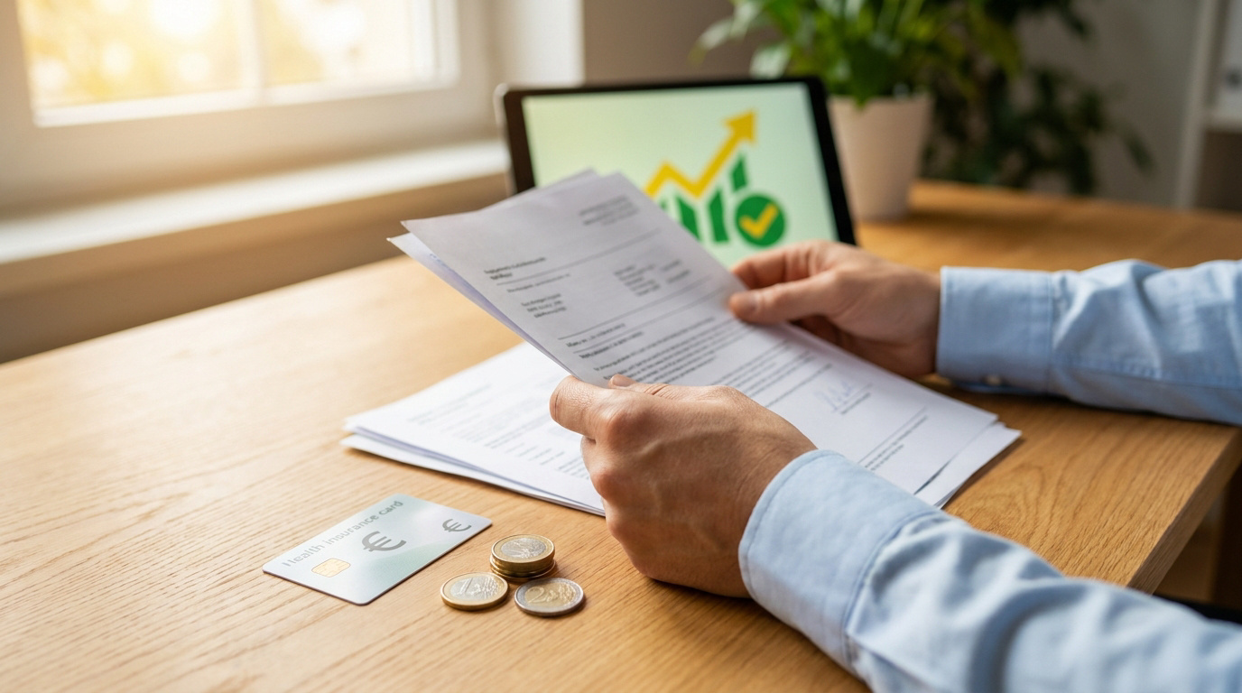 Mains tenant des documents médicaux avec une carte d'assurance santé et des pièces de monnaie sur un bureau en bois.