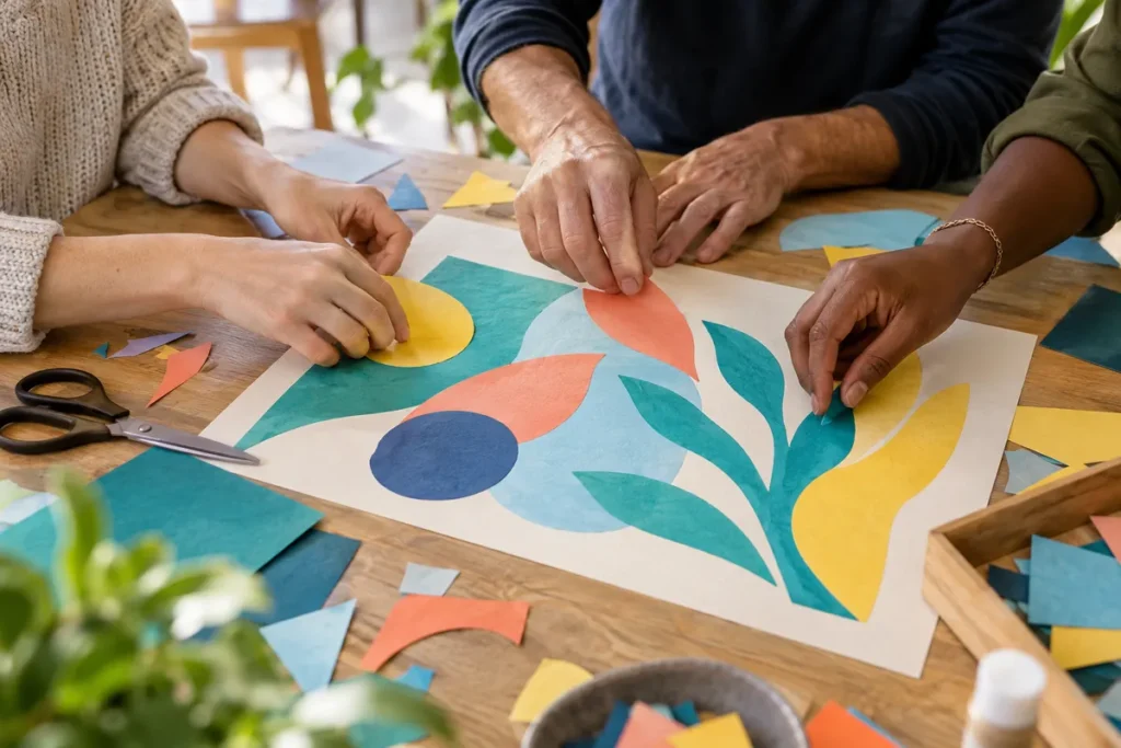 Des mains assemblent des formes de papier coloré sur une création collective.