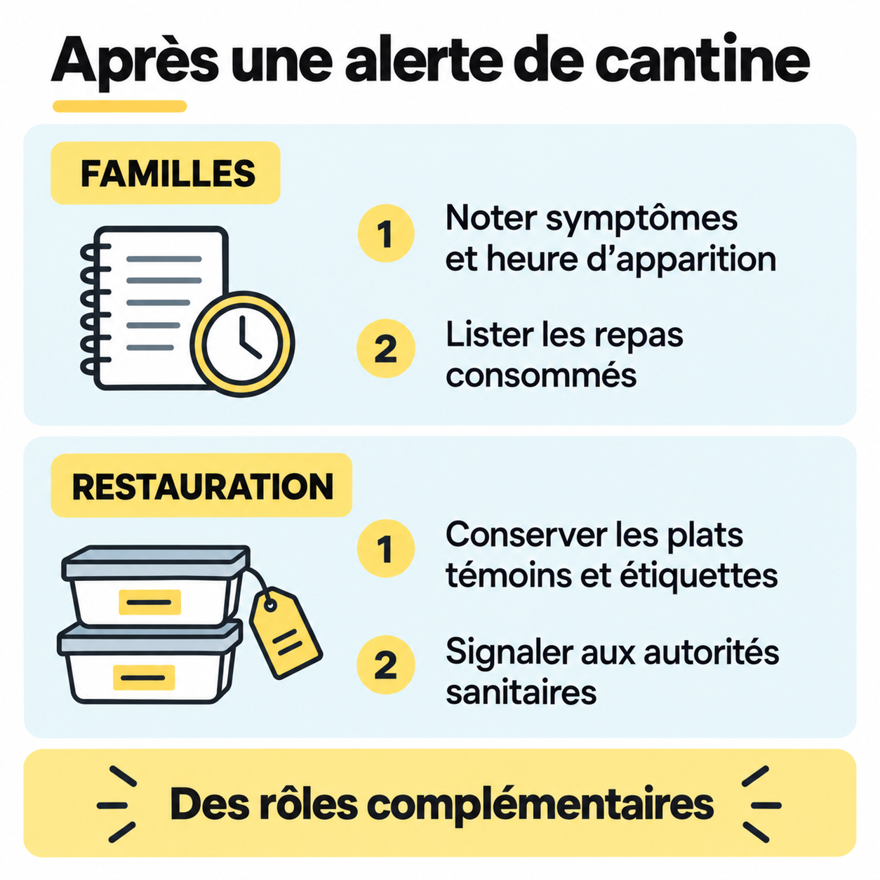 Après une alerte de cantine : noter les symptômes et les repas côté familles, conserver les plats témoins et étiquettes et signaler côté restauration.