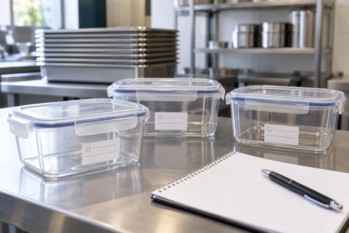 Boîtes alimentaires vides avec étiquettes et carnet de suivi sur un plan de travail de cuisine collective.