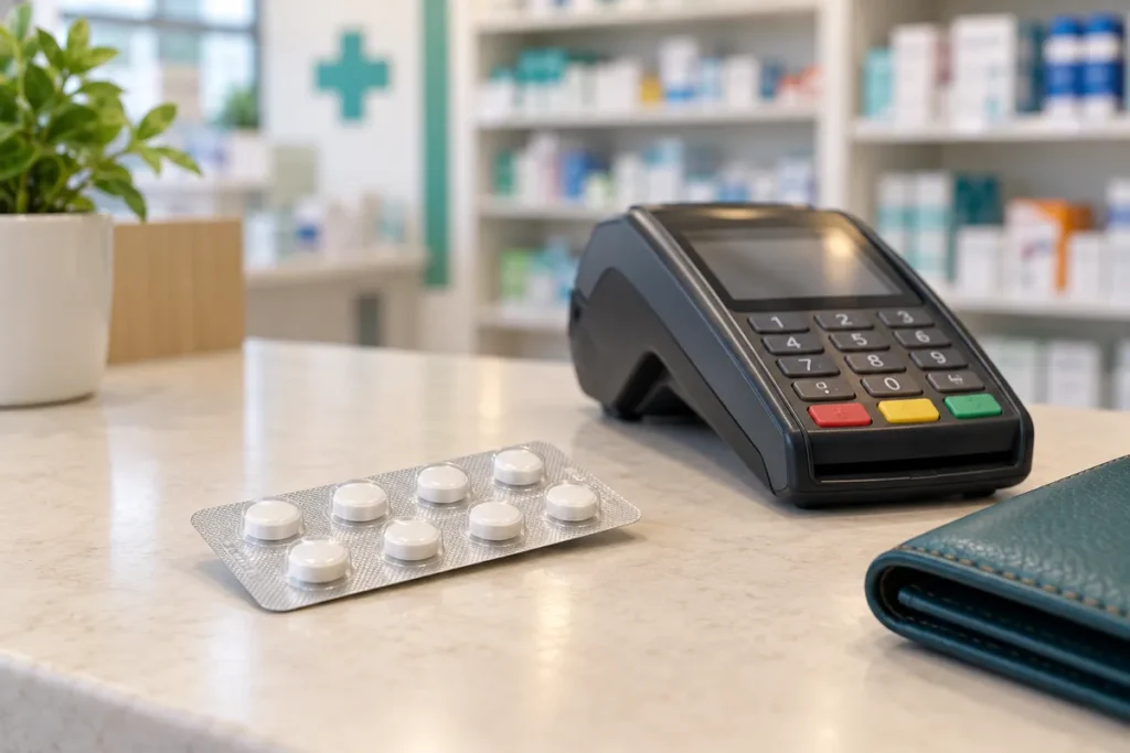 Plaquette de comprimés et terminal de paiement sur un comptoir de pharmacie.