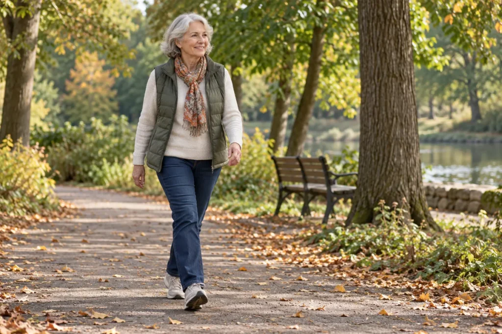 Une femme âgée marche sur un chemin de parc bordé d’arbres.