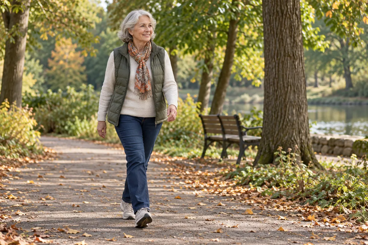 Une femme âgée marche sur un chemin de parc bordé d’arbres.