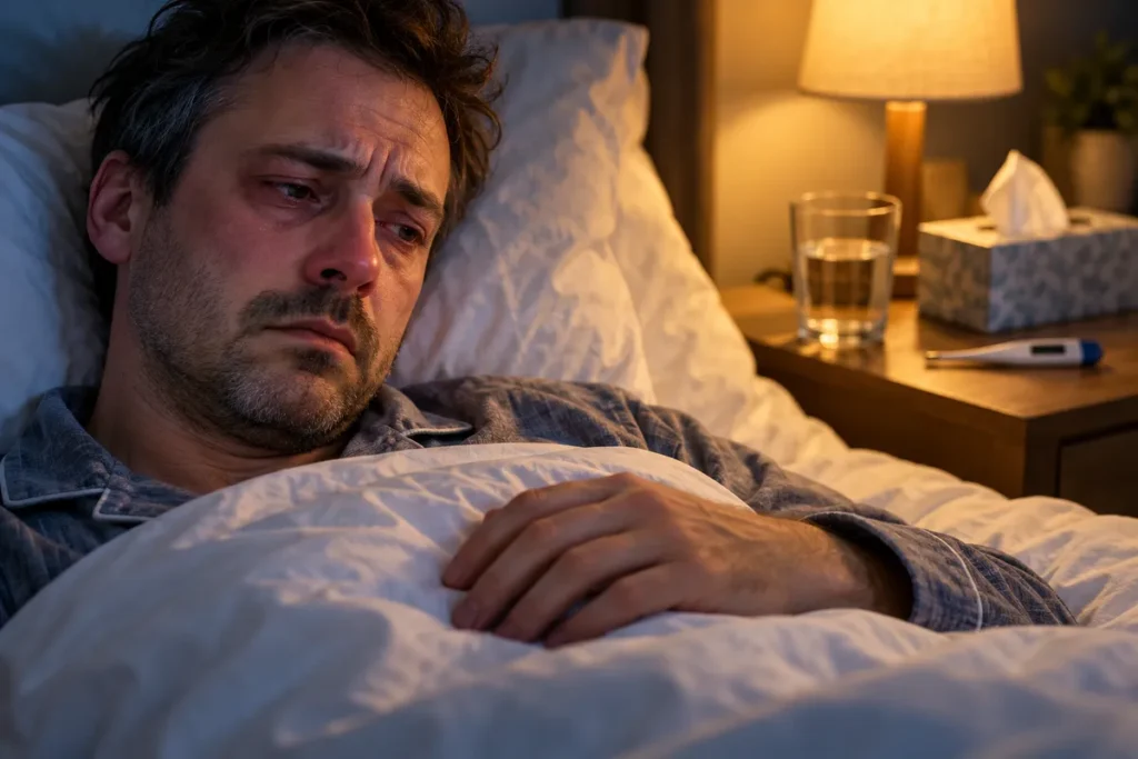 Un homme malade, allongé dans son lit sous une couette blanche, le visage fatigué et triste, les yeux rougis, une main posée sur la couette ; sur la table de chevet éclairée par une lampe, un verre d’eau, une boîte de mouchoirs et un thermomètre.