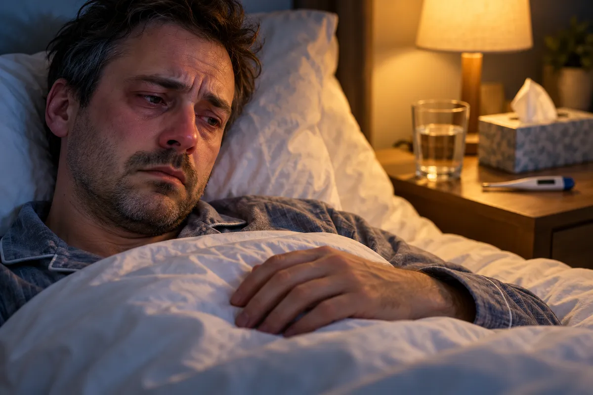 Un homme malade, allongé dans son lit sous une couette blanche, le visage fatigué et triste, les yeux rougis, une main posée sur la couette ; sur la table de chevet éclairée par une lampe, un verre d’eau, une boîte de mouchoirs et un thermomètre.