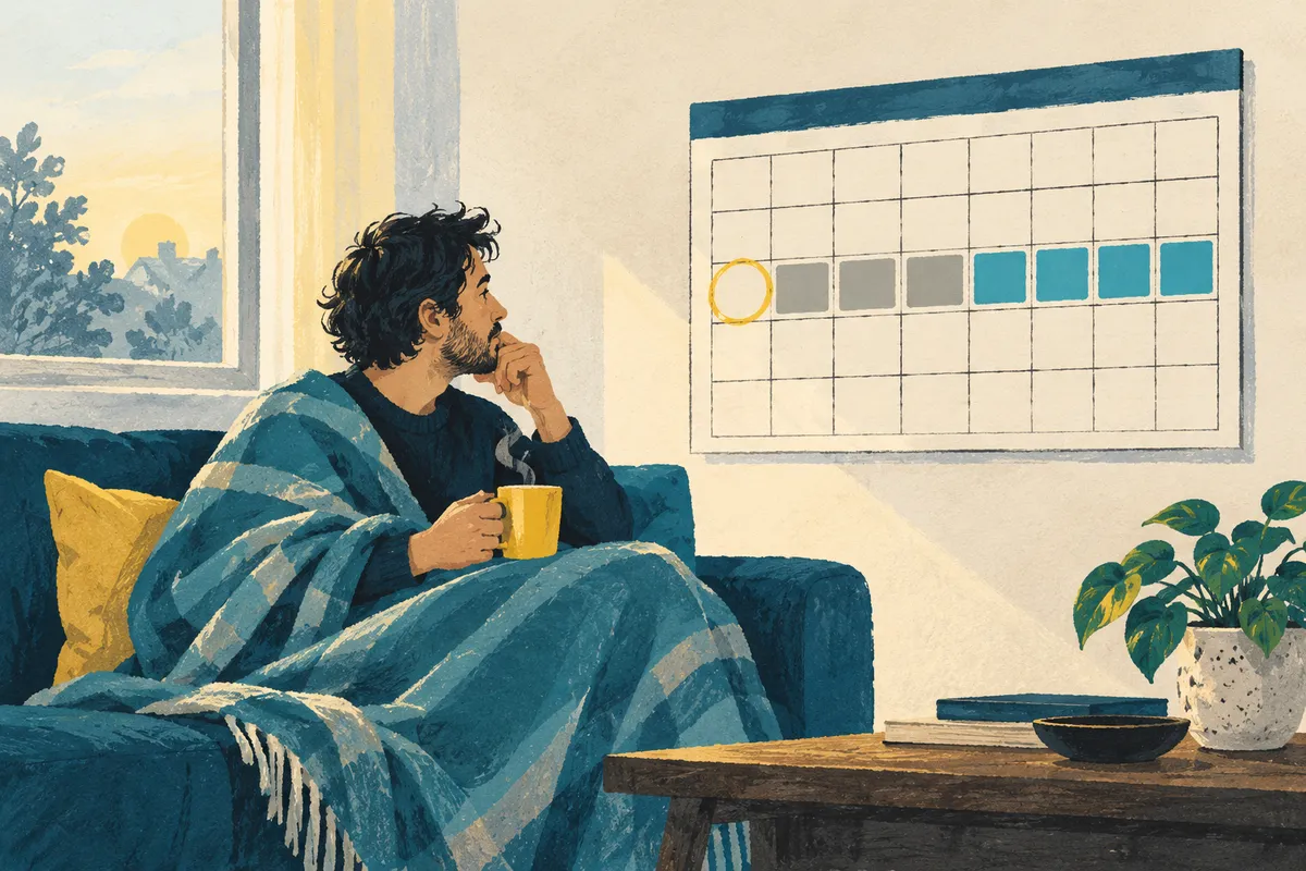 Illustration à la gouache d’un homme enveloppé dans une couverture sur un canapé, une tasse fumante à la main, qui regarde un calendrier mural où trois cases sont grisées, quatre colorées en bleu et une case entourée de jaune.
