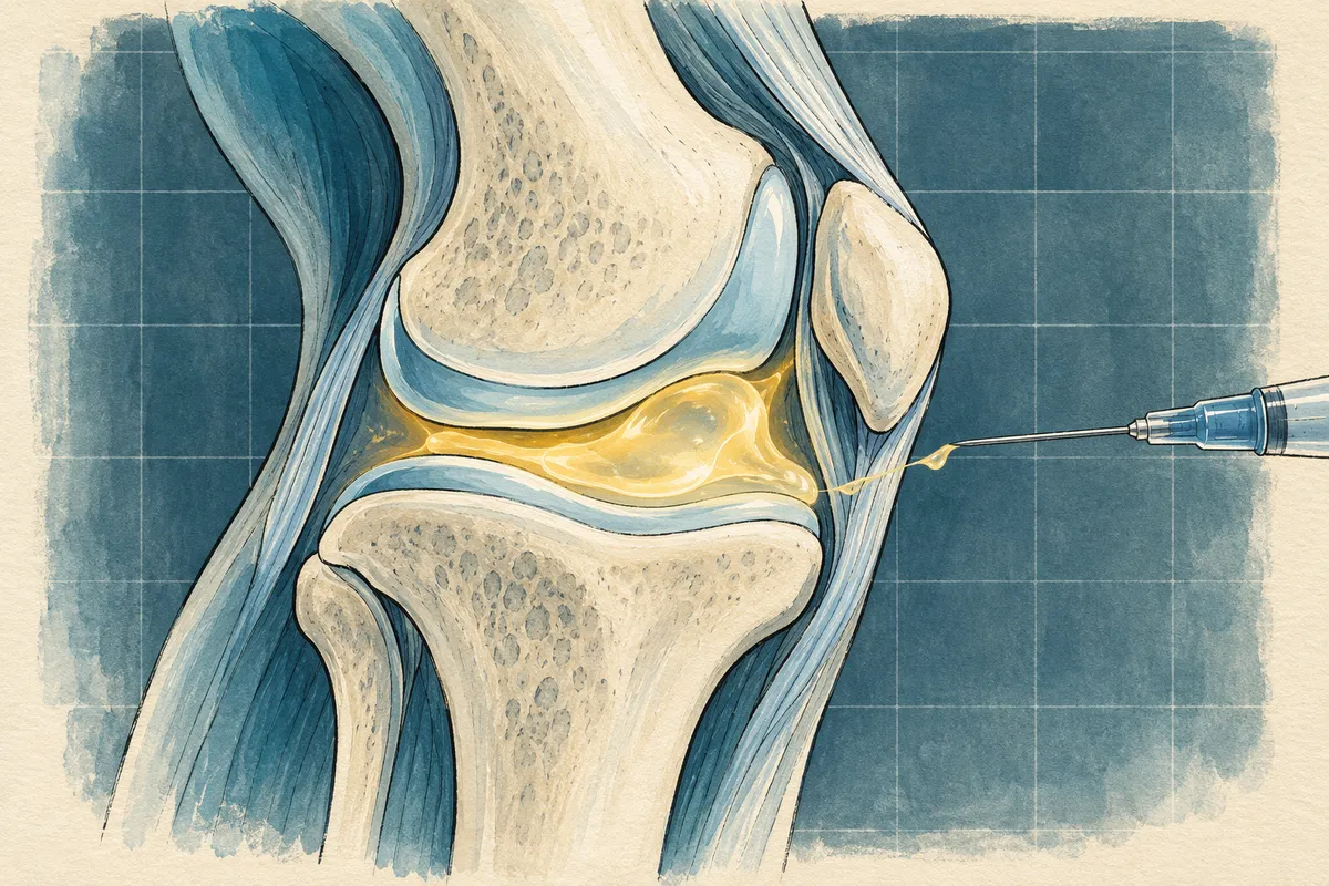 Illustration d’un genou vu en coupe, avec le fémur, le tibia, la rotule et le cartilage, et un gel jaune injecté dans l’articulation à l’aide d’une fine aiguille.