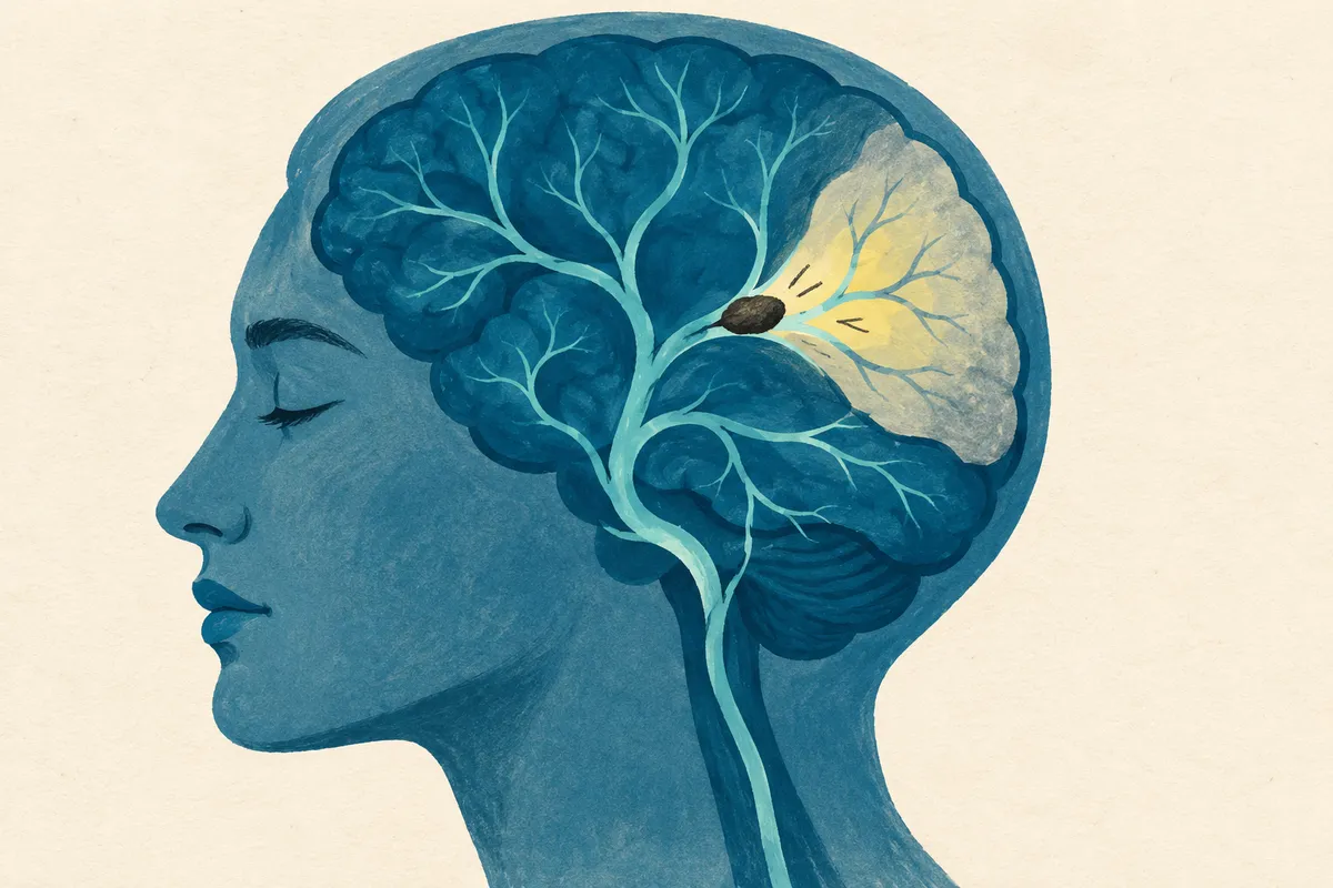 Illustration à la gouache d’une tête vue de profil : dans le cerveau bleu, un réseau d’artères turquoise ; sur l’une d’elles, un petit caillot sombre bloque le passage et la zone située au-delà apparaît pâle, gris-jaune.