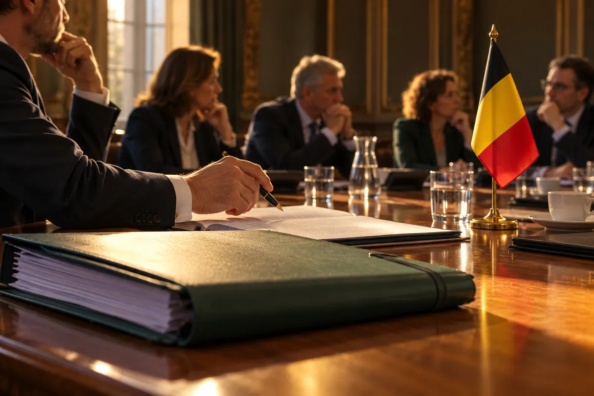 Un dossier et un stylo sur une table de réunion, avec un petit drapeau belge.