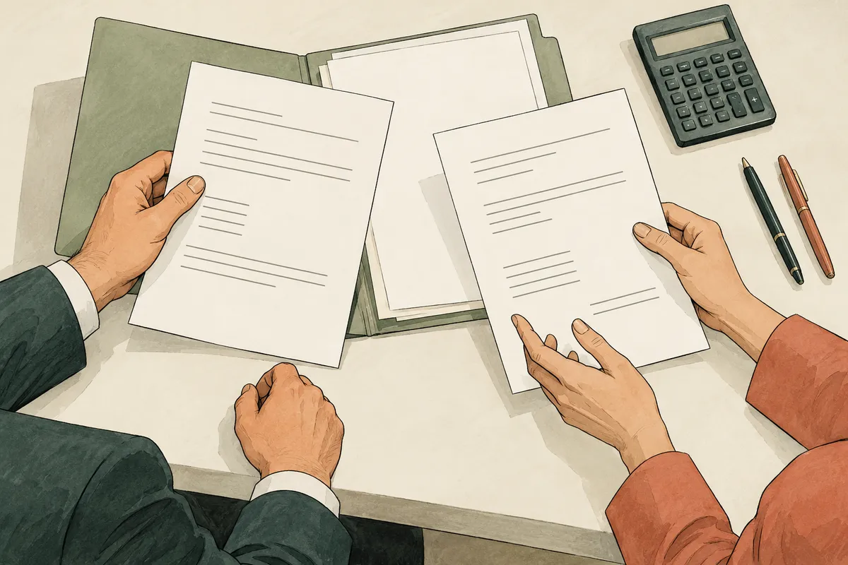 Illustration de documents budgétaires et d’une calculatrice disposés sur un bureau.