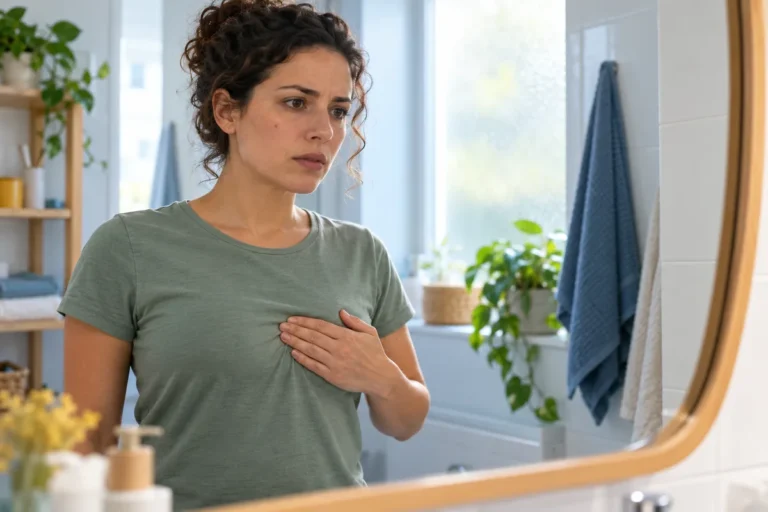 Une jeune femme aux cheveux bouclés, en t-shirt vert, pose la main à plat sur son sein devant le miroir de sa salle de bains, l’air attentif.