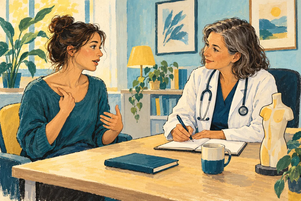 Illustration d’une jeune femme qui décrit un symptôme en montrant le haut de sa poitrine à une médecin attentive, assise derrière son bureau avec un carnet.