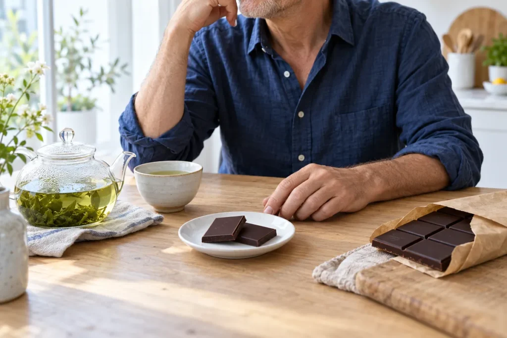Deux carrés de chocolat noir sur une petite soucoupe blanche, à côté d’une théière en verre et d’une tasse de thé vert, sur une table en chêne clair ; la main d’un homme d’une soixantaine d’années repose près de la soucoupe.