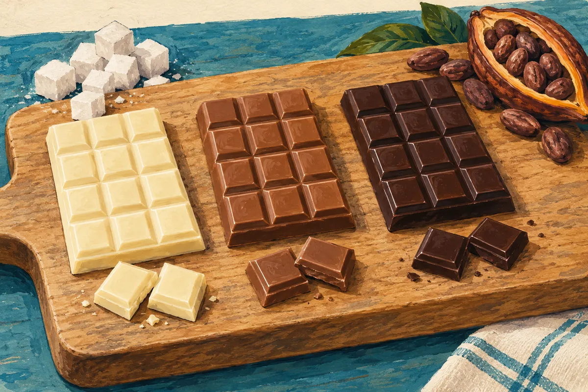 Illustration à la gouache de trois tablettes de chocolat, blanc, au lait et noir, posées côte à côte sur une planche en bois, chacune avec deux carrés détachés devant elle, une cabosse de cacao derrière la tablette noire et des morceaux de sucre derrière la blanche.