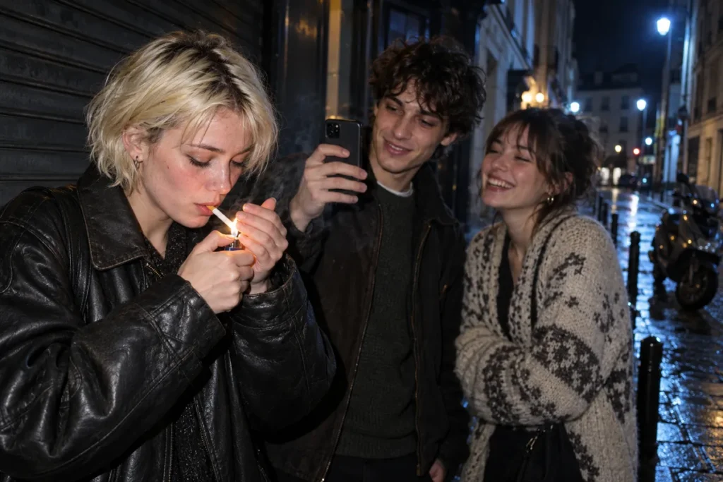 Trois amis d’une vingtaine d’années dans une rue de ville la nuit : une jeune femme aux cheveux décolorés allume une cigarette pendant qu’un jeune homme la filme avec son téléphone et qu’une autre amie rit.