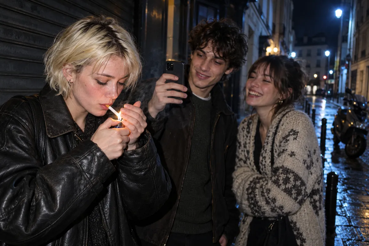 Trois amis d’une vingtaine d’années dans une rue de ville la nuit : une jeune femme aux cheveux décolorés allume une cigarette pendant qu’un jeune homme la filme avec son téléphone et qu’une autre amie rit.