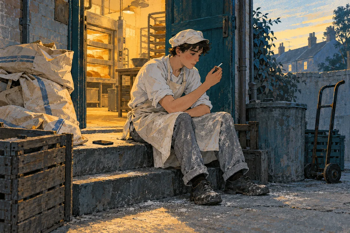 Illustration d’un jeune apprenti boulanger en tablier fariné, assis seul sur la marche arrière d’une boulangerie, une cigarette entre les doigts, devant la lumière chaude des fours.