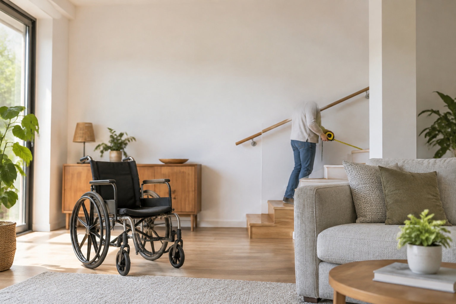 Un ergothérapeute prend des mesures sur un escalier tandis qu'un fauteuil roulant vide est placé au premier plan.