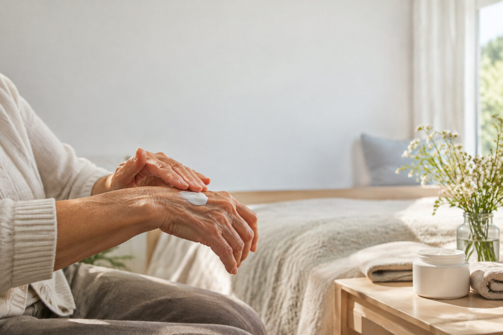 Une personne âgée applique une crème hydratante sur ses mains dans une chambre lumineuse et apaisante.