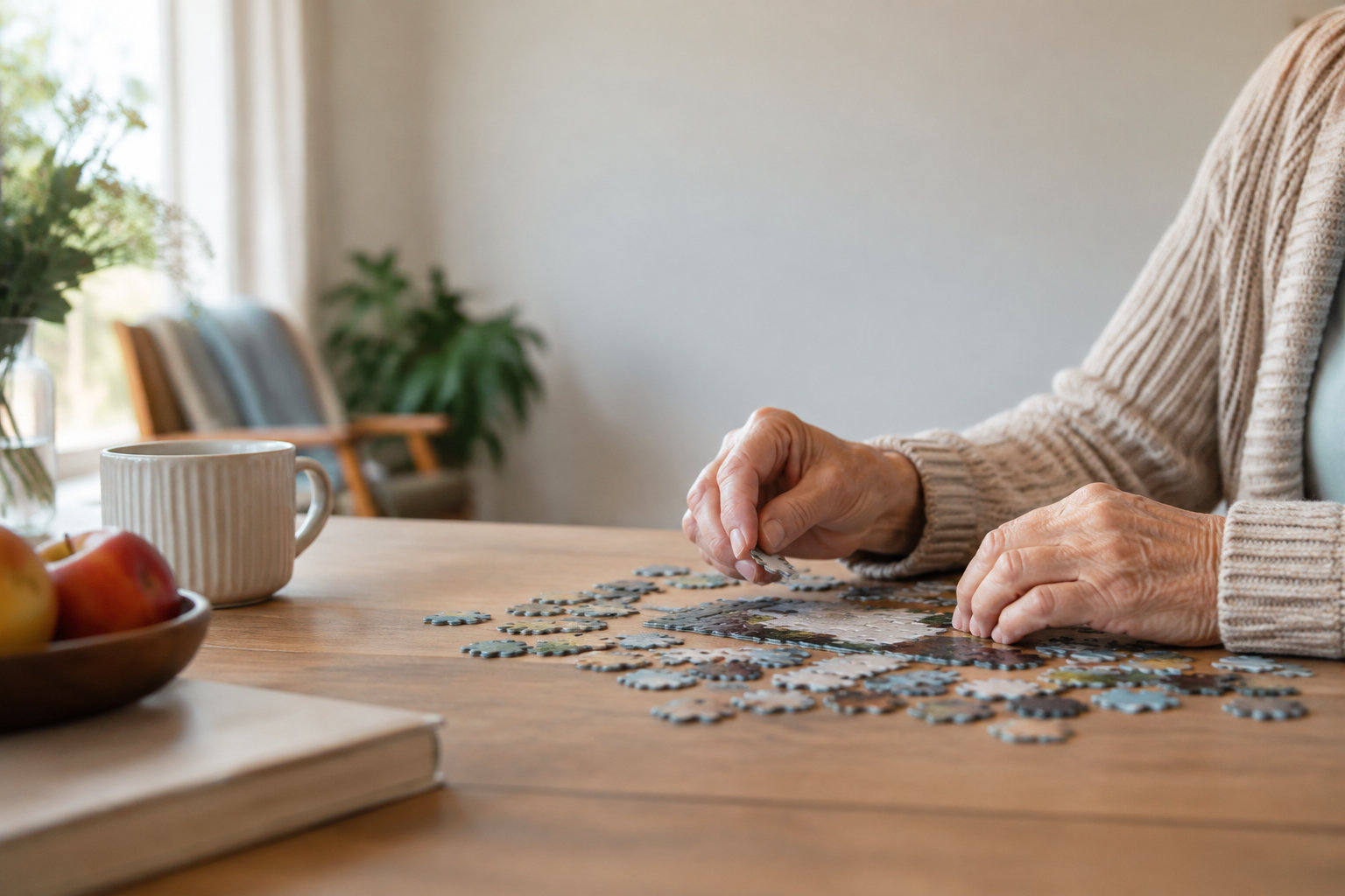 Mains d'une personne âgée assemblant un puzzle sur une table en bois dans une pièce lumineuse.