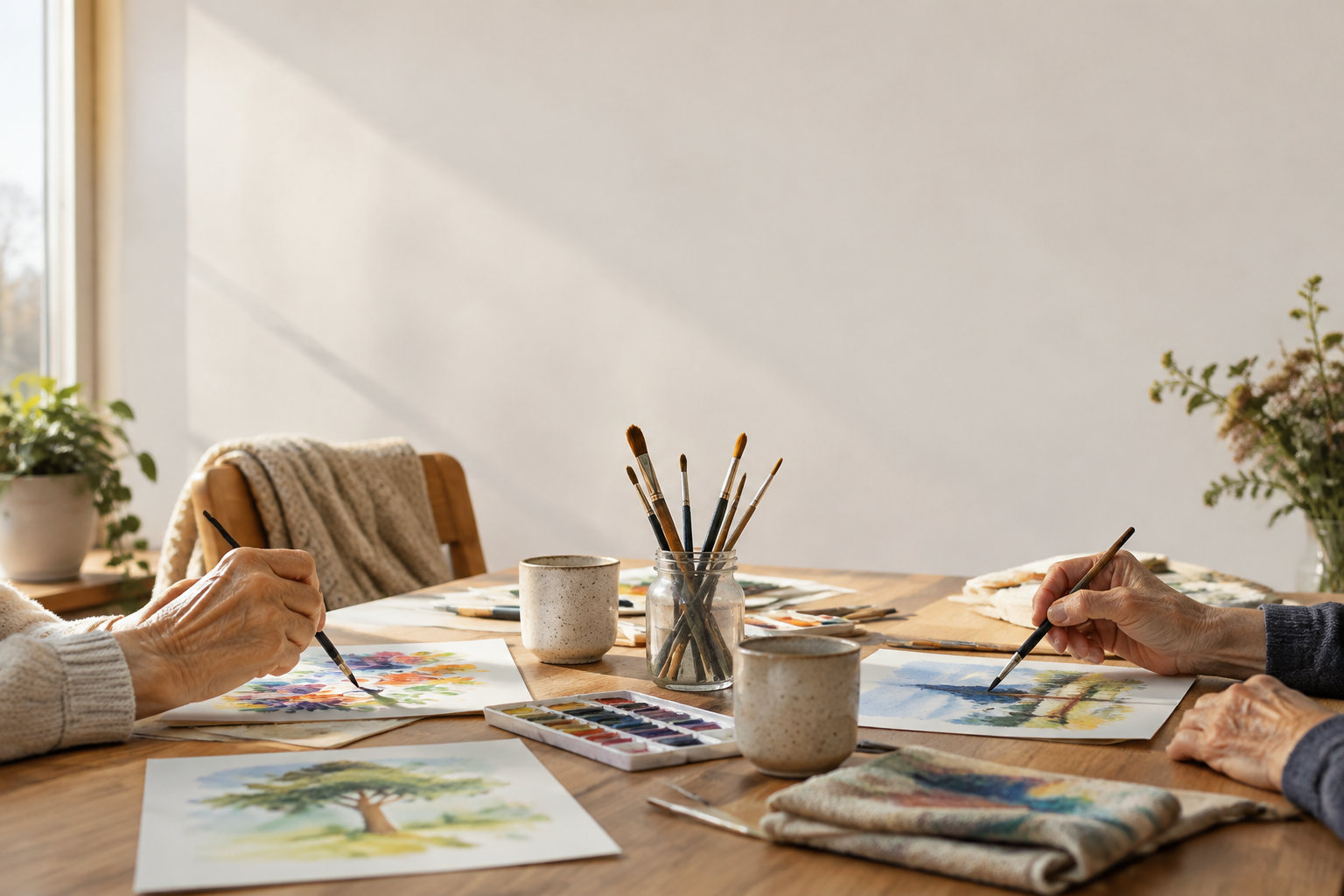 Deux personnes âgées peignent à l'aquarelle sur une table en bois lumineuse, entourées de pinceaux et de matériel d'artiste.
