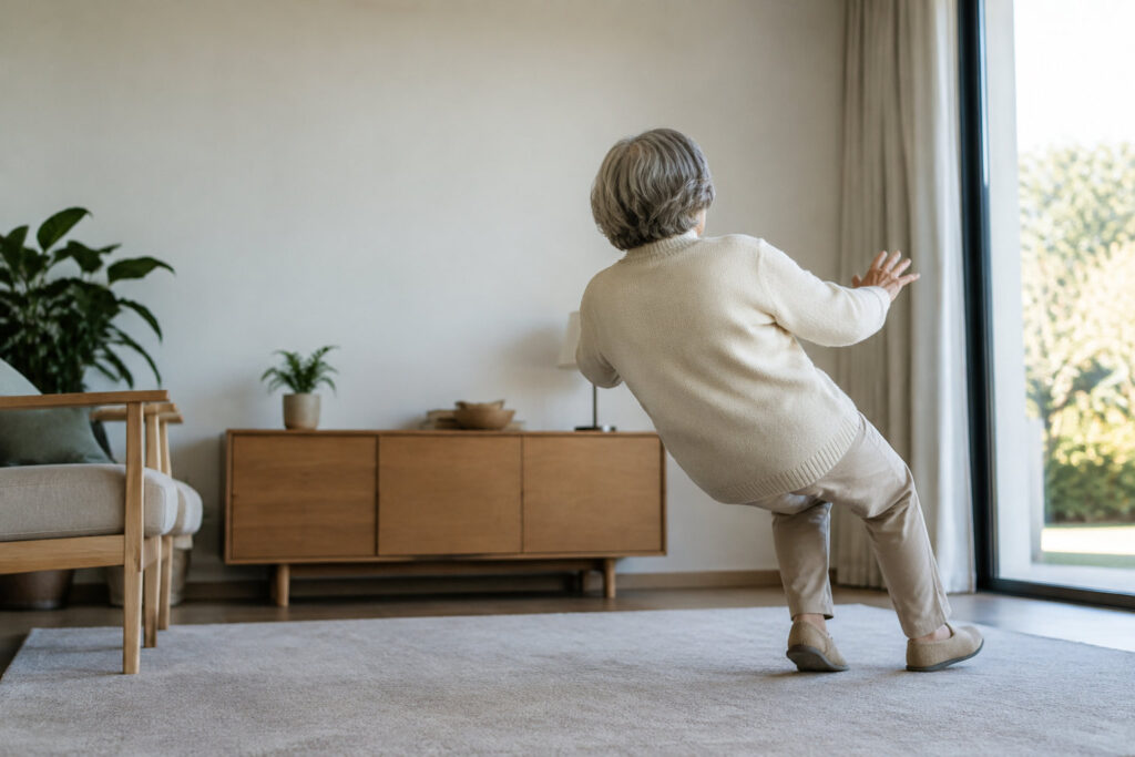 Une personne âgée en pull beige perd l'équilibre et bascule vers l'arrière dans un salon lumineux.
