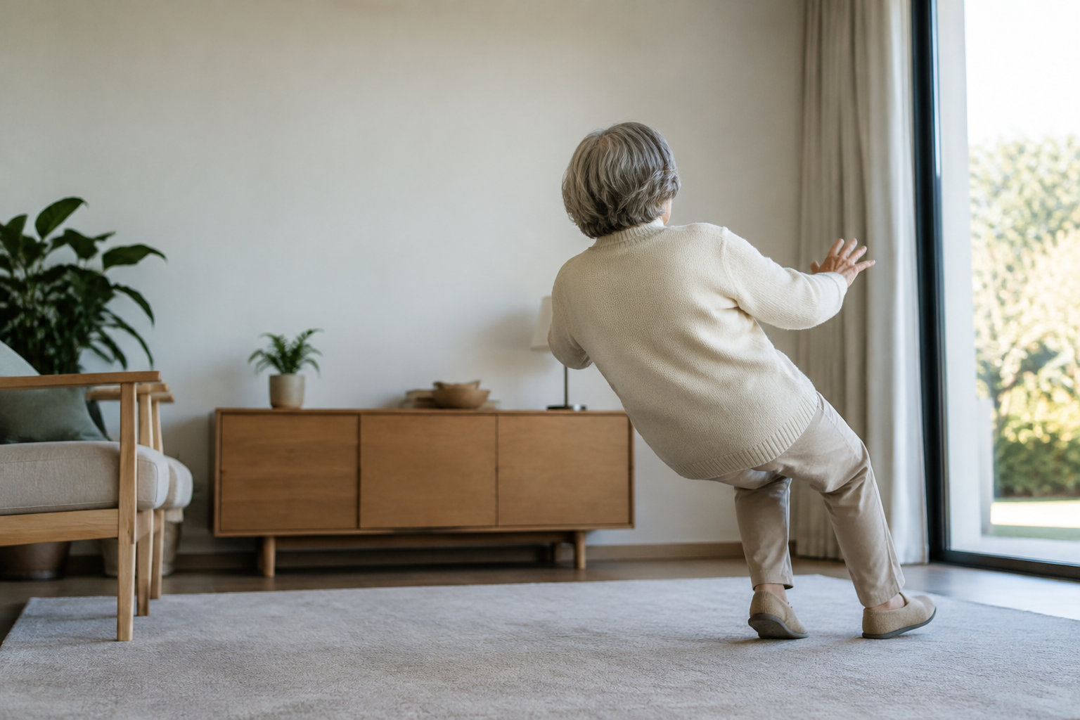 Une personne âgée en pull beige perd l'équilibre et bascule vers l'arrière dans un salon lumineux.