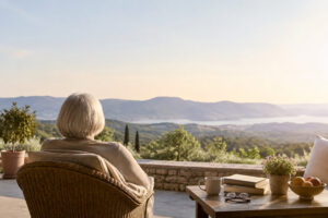 Une femme âgée assise dans un fauteuil en osier, contemplant un paysage montagneux ensoleillé depuis une terrasse.