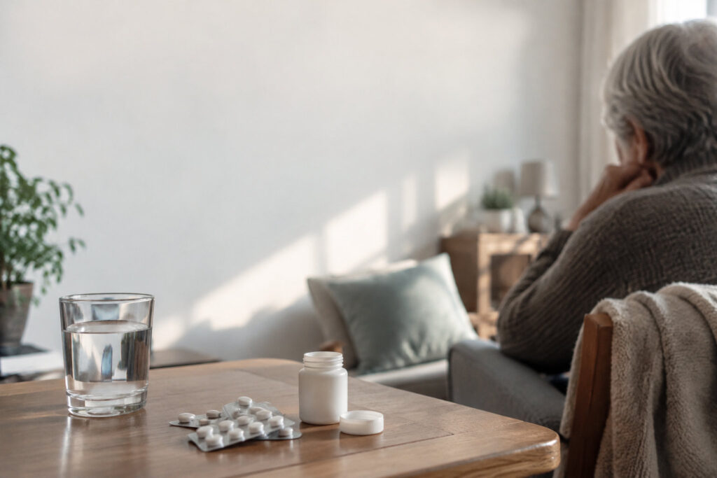 Une personne âgée assise au loin, avec un verre d'eau et des médicaments en premier plan sur une table.
