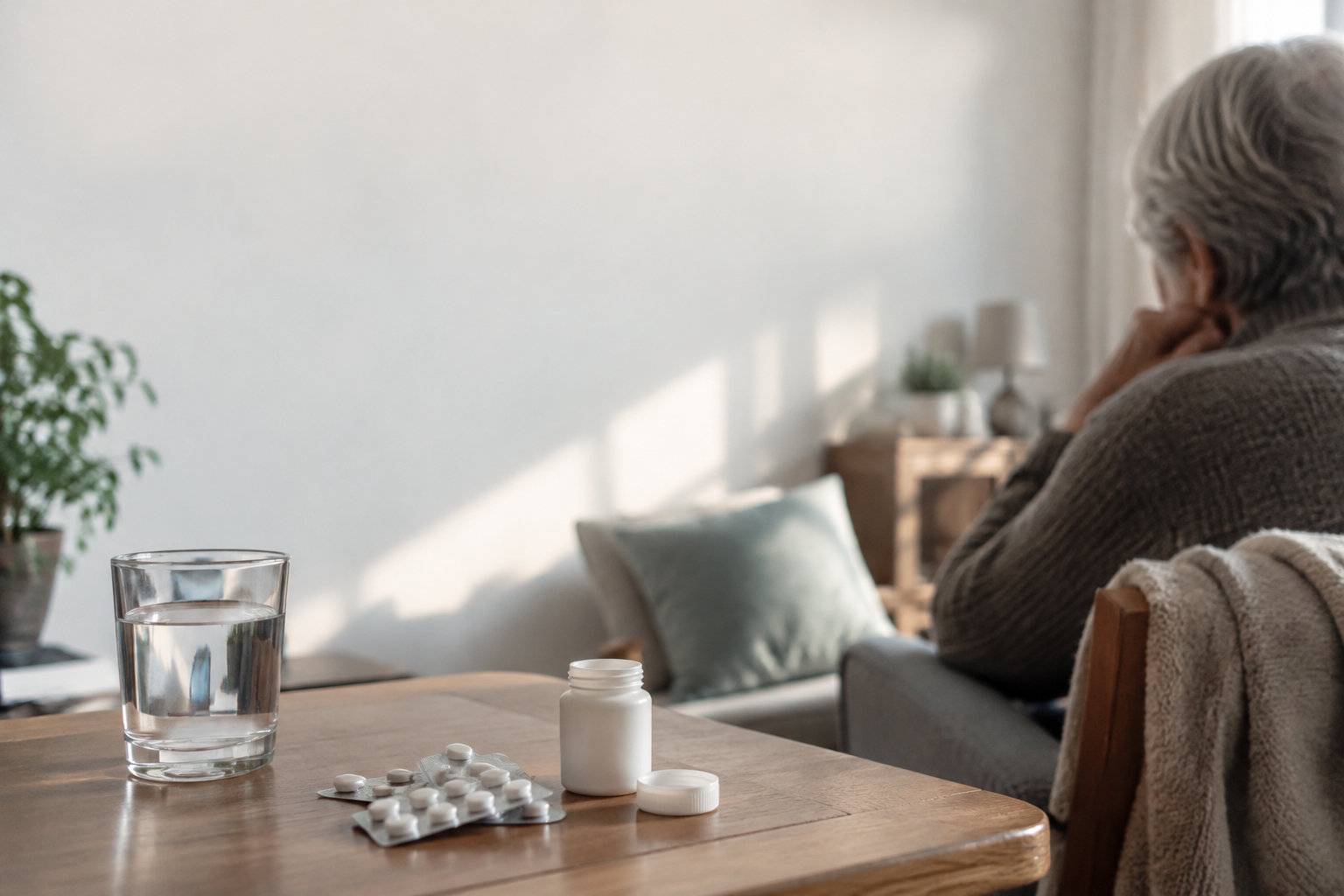 Une personne âgée assise au loin, avec un verre d'eau et des médicaments en premier plan sur une table.