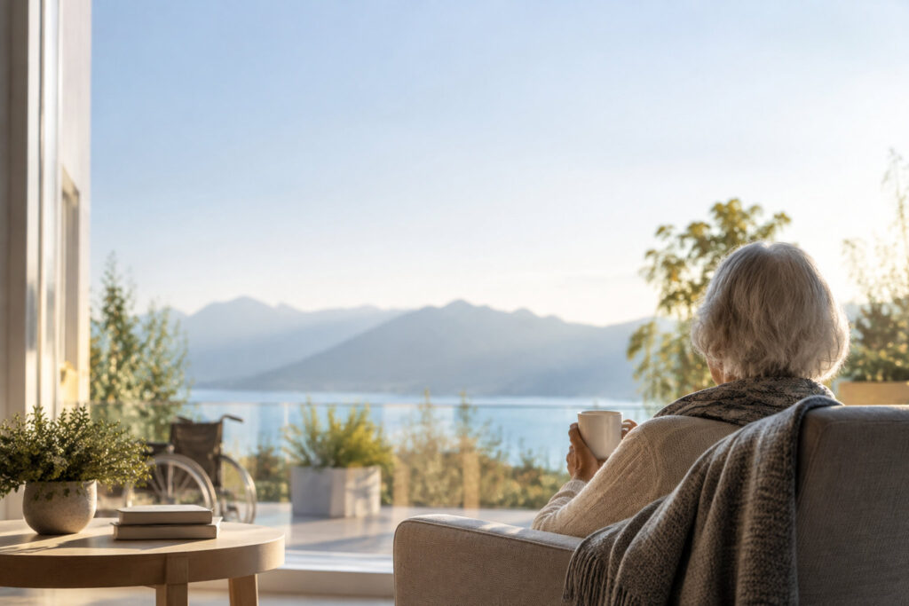 Une personne âgée assise dans un fauteuil, tenant une tasse, face à une vue panoramique sur un lac et des montagnes.