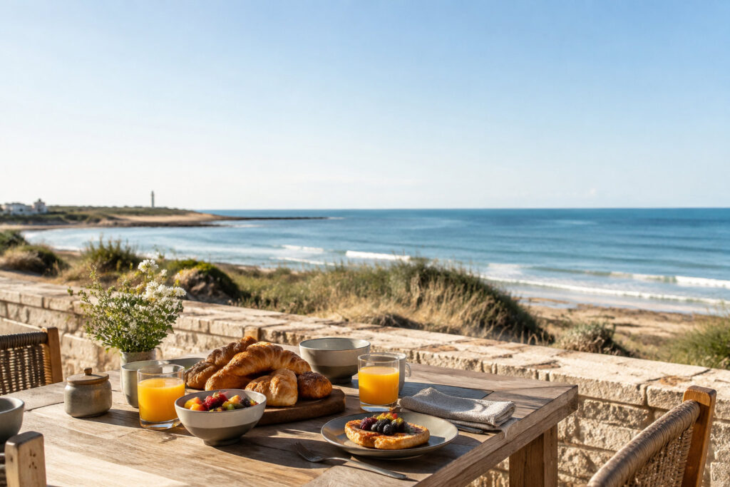 Une table de brunch en bois avec viennoiseries, fruits et jus d'orange face à la plage et au phare de l'Île de Ré.