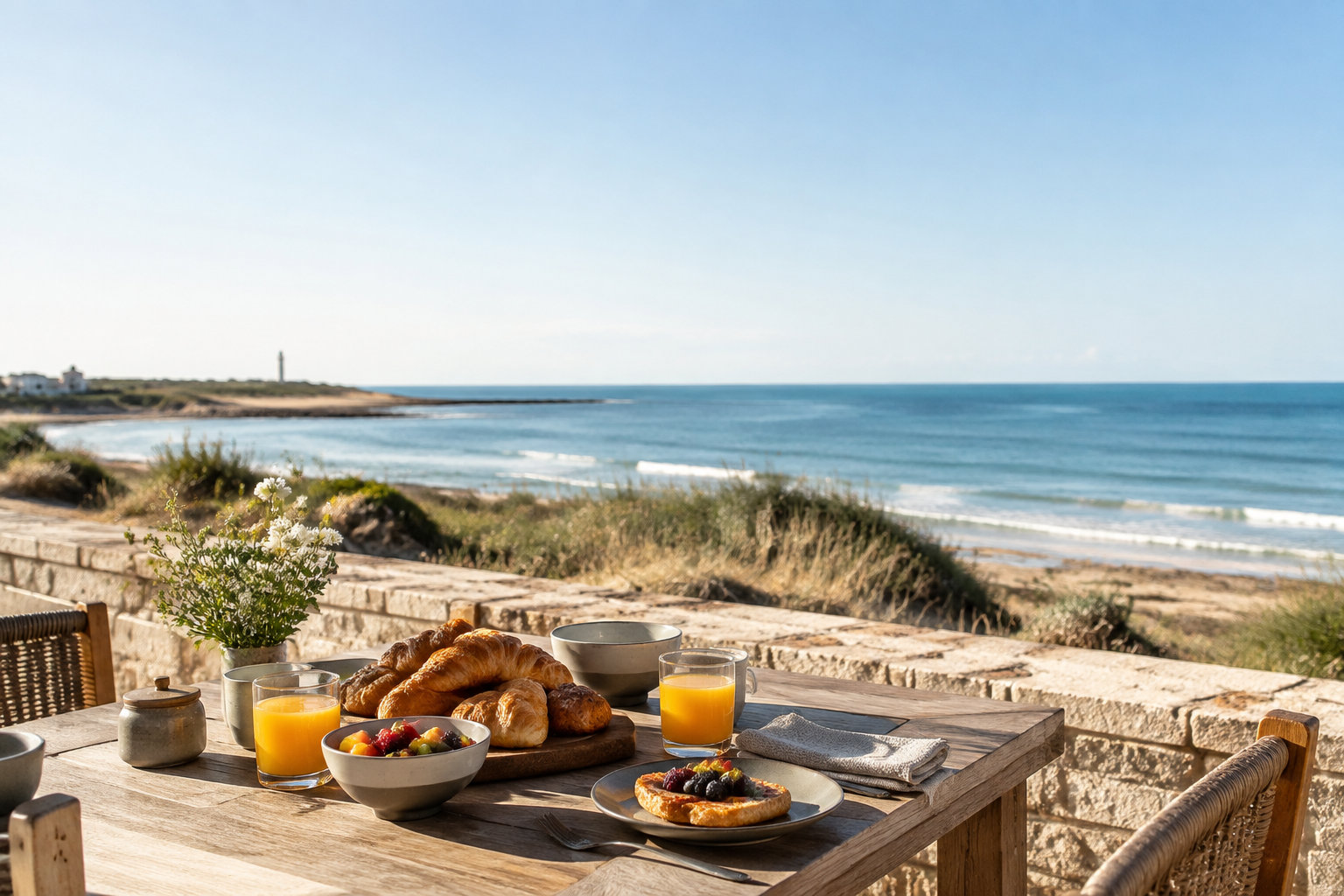 Une table de brunch en bois avec viennoiseries, fruits et jus d'orange face à la plage et au phare de l'Île de Ré.
