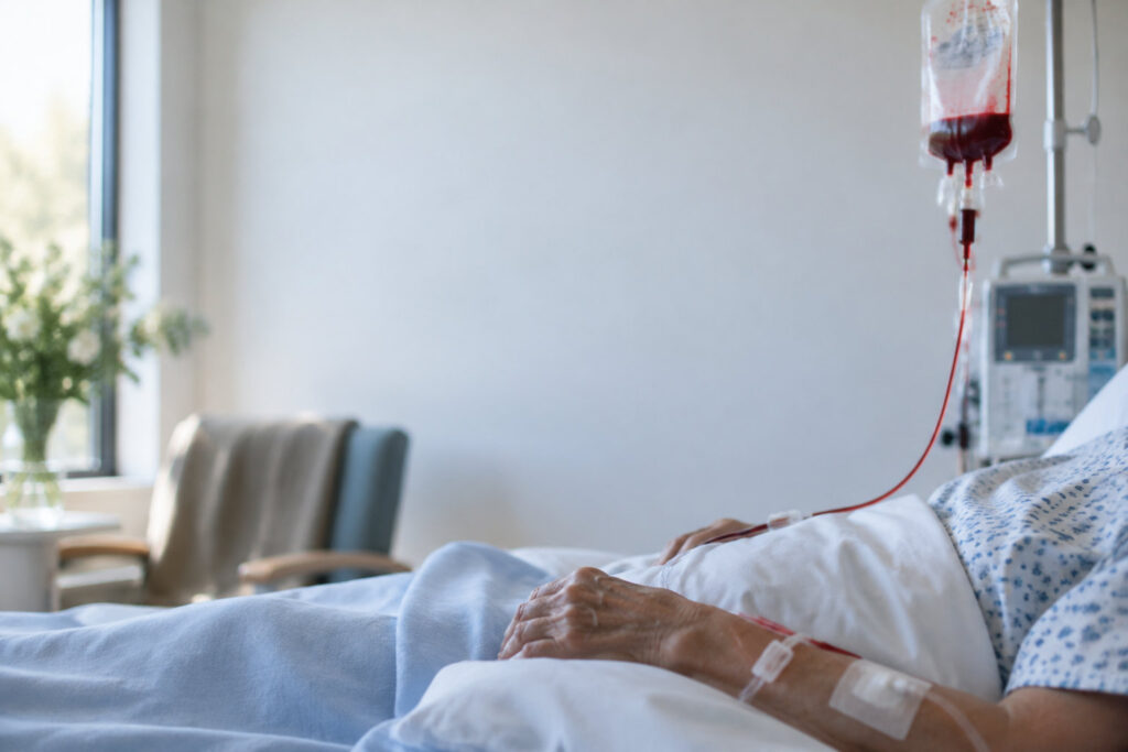 Mains d'une personne âgée sous perfusion dans un lit d'hôpital.