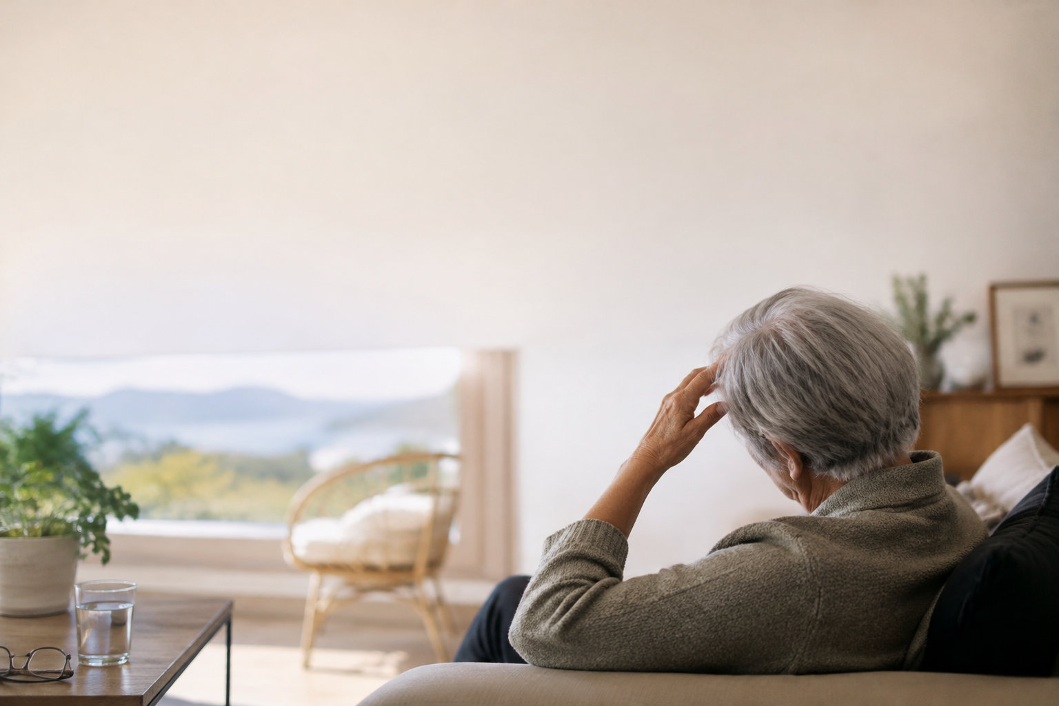 Femme âgée assise sur un canapé, la main sur le front, regardant par une fenêtre avec un paysage lumineux.