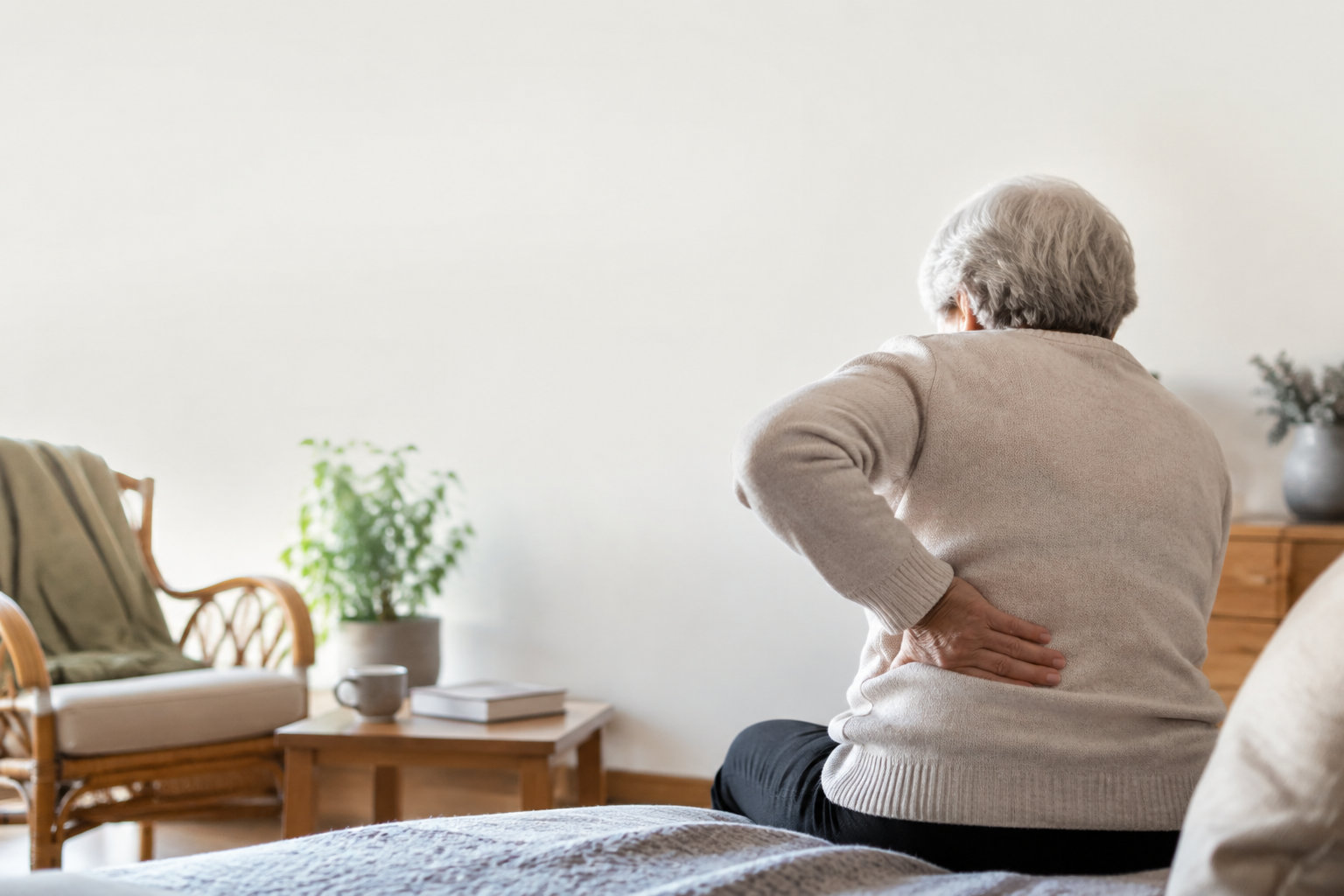 Une personne âgée assise sur un lit, tenant son bas du dos avec une expression de douleur.