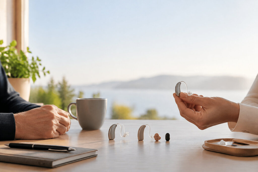 Une personne présente différents modèles d'appareils auditifs sur une table face à un interlocuteur, devant une vue panoramique.