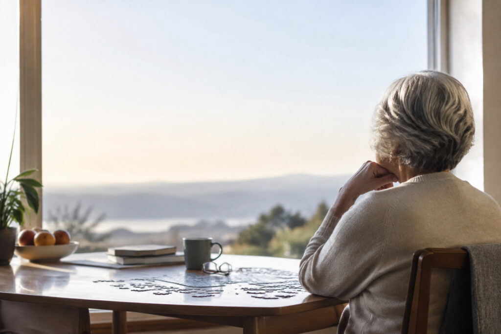 Une femme âgée aux cheveux gris regarde par la fenêtre, devant une table avec un casse-tête inachevé.