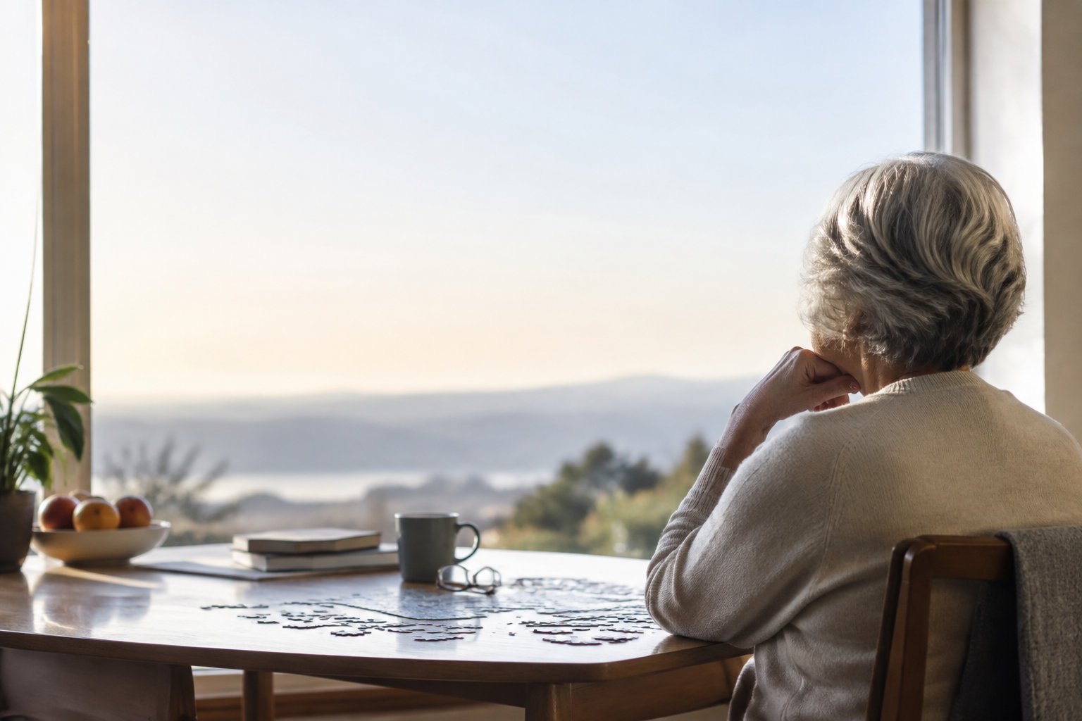 Une femme âgée aux cheveux gris regarde par la fenêtre, devant une table avec un casse-tête inachevé.